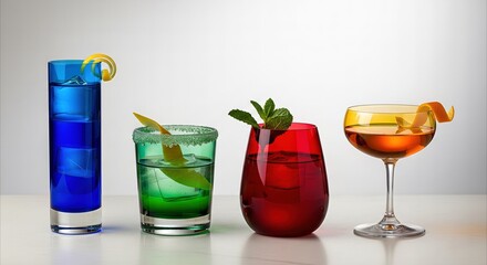 Fototapeta premium Vibrant Cocktails in Unique Colorful Glasses with Garnishes, Elegant Bar Showcase with Minimalist Lighting