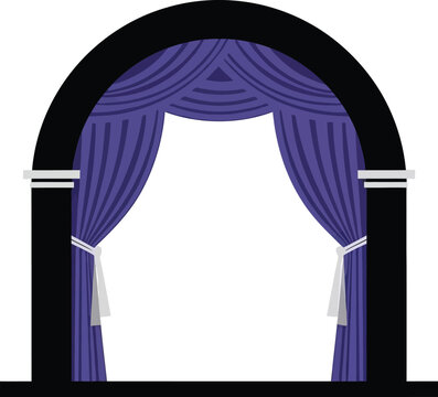 Purple theater curtains framed by black arch with tie back, interior