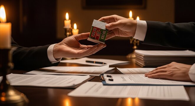 Handover of toy house symbolizing real estate deal finalization on elegant desk with documents under candlelight