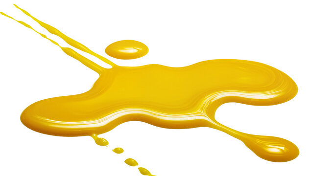 Isolated bright yellow paint or fluid pouring and splashing with glossy droplets