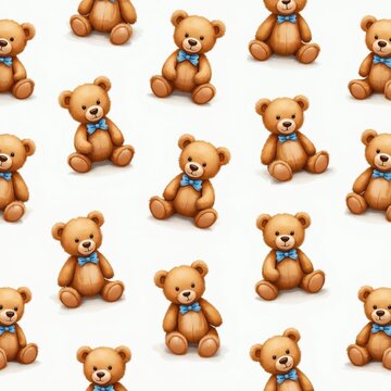 Seamless pattern with cute teddy bears wearing blue bow ties. Hand-painted acrylic texture creates a soft, adorable background for baby products, textile prints, or gift wrap designs.
