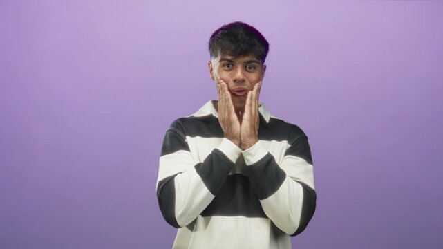Man with hands covering mouth, palms pressed together in a purple studio wearing a striped rugby shirt and collar, frontal pose showing surprise; surprise wonder.