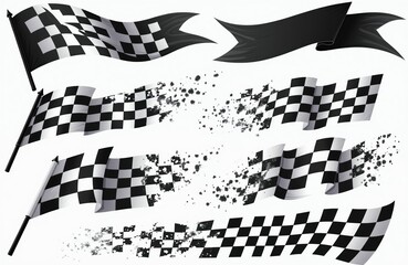 Fototapeta premium Collection of racing flags includes checkered and solid black banners. Some flags fragment into dust. Graphics show movement and speed. Use for motorsport themes.