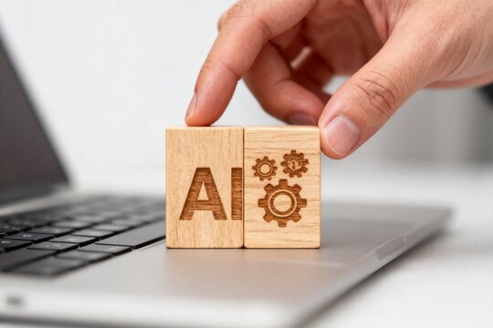 Hand placing wooden blocks with AI and gears symbols