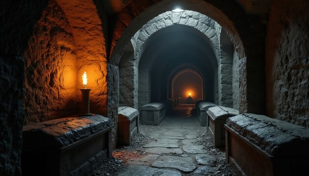 Ancient stone catacombs with stone sarcophagi and dimly lit torches. Dark eerie tunnel with arched ceilings, burial site, underground crypt, historical tomb, spooky atmosphere.
