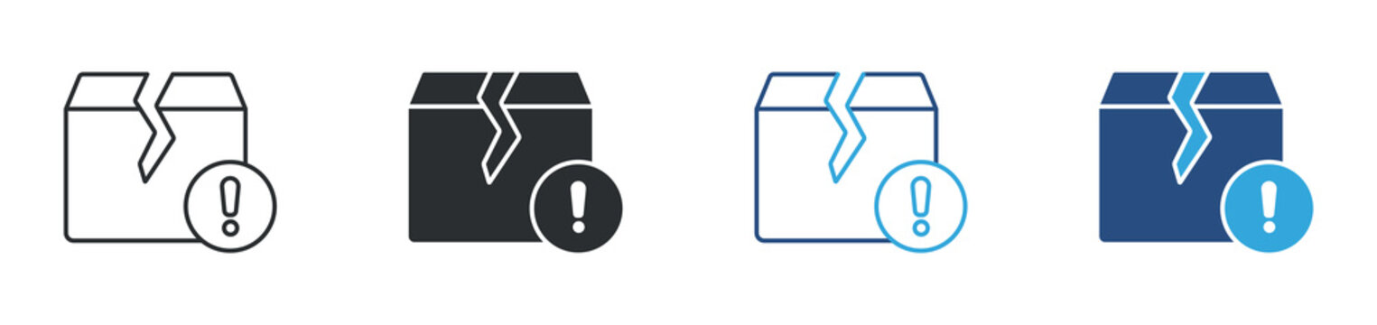 Defect icon set. broken box with alert symbol. product damage and quality issue concept. vector illustration.