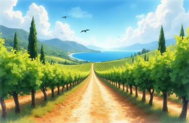 Obraz premium Sunny vineyard landscape leads to blue sea. Green rolling hills and mountains form backdrop. Cypress trees line dirt road. Birds fly in sky.