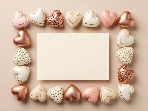 Blank paper card surrounded by decorative hearts on beige background. Frame made of romantic symbols for greeting card. Valentines Day composition for celebration, love, and affection with copy space.