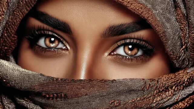 Close-up of woman's eyes with amber irises wrapped in patterned scarf covering face, intense mysterious gaze, Middle Eastern beauty portrait