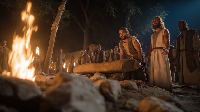 A tense nighttime village scene where Gideon and his men tear down an idol altar under torchlight, symbolizing obedience and defiance.