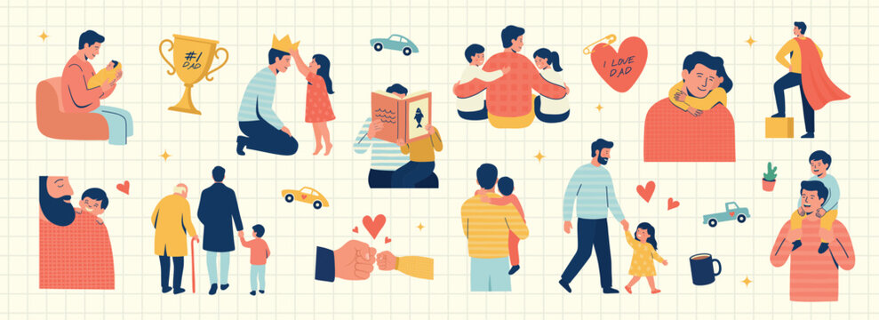 Set of Father's Day elements in modern flat style. Collection featuring dad with child, family moment, superhero father, toy car, trophy and heart. Suitable for holiday design and social media. Vector