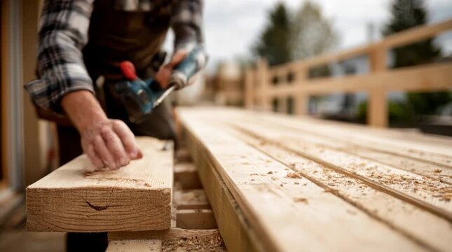 Carpenter planing wooden beam with electric planer, wood shavings on timber, building wooden terrace outdoors