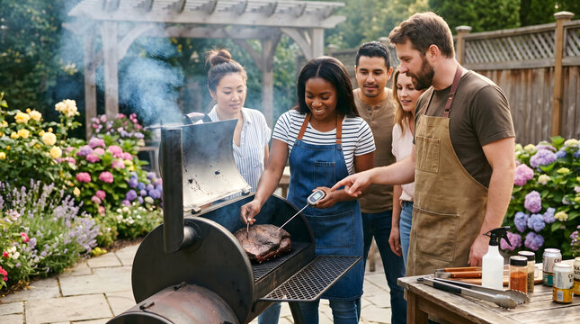 BBQ smoking class, Friends checking meat temperature, Backyard smoker workshop, Outdoor gathering lifestyle, Garden patio copy space