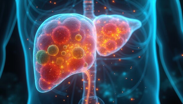 Glowing 3D liver organ with colorful cells, particles. Shows metabolic, detox functions within human body anatomy. Visualizes health science, medical research concepts. Internal organ systems.