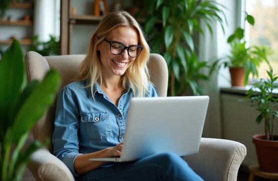 Smiling woman with glasses uses laptop while sitting in armchair at home. Blonde female works on computer, indoor plants visible near window. Remote work and online study concept.
