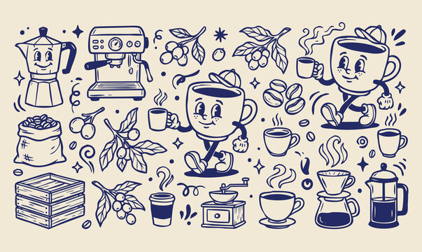 Vector doodle set of coffee cup mascots with cafe equipment and tools. Hand-drawn black line art collection of cartoon coffee characters on a white background