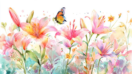 Fototapeta premium watercolor botanical butterfly and flowers texture template background. Design for wedding, vip cover, poster, rsvp moderncard.Valentine's Day 