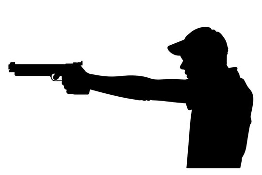 Competitive shooting black silhouette air pistol logo athlete with gun icon