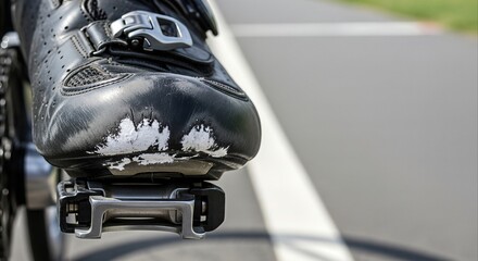 Fototapeta premium Worn cycling shoe clipped into pedal, scuffed toe and shiny buckle, on asphalt path