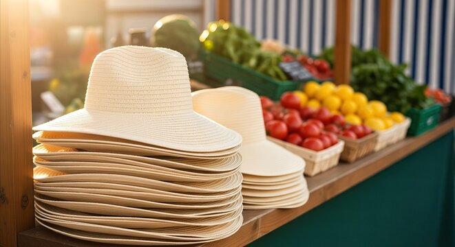 Stack of straw sun hats on a market stall with fresh produce in golden hour light, vibrant outdoor shopping scene