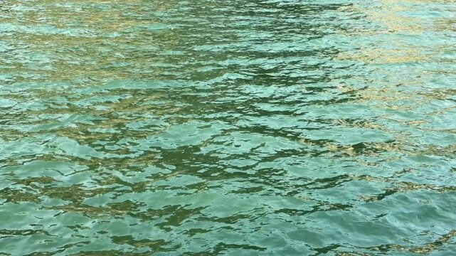 Green ocean water surface with gentle ripples and soft light reflections, Halong Bay sea texture, calm movement for background and motion design