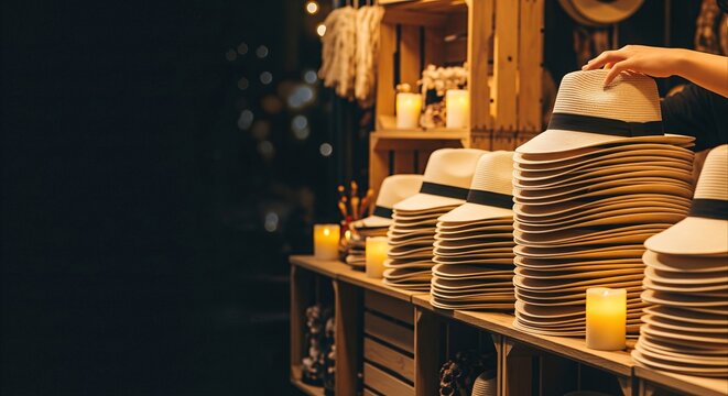 Vendor arranging straw hats on rustic market stall with warm candlelight for cozy summer retail atmosphere