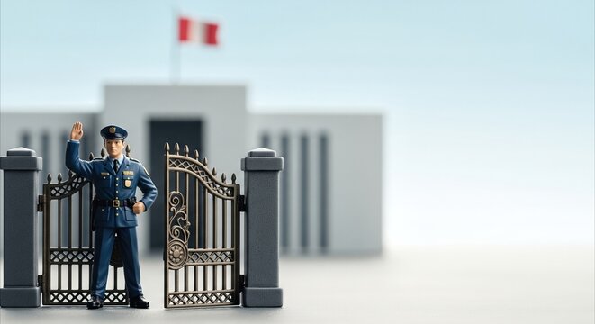 Security guard figurine salutes at gate of modern building with flag, symbolizing access control and protection