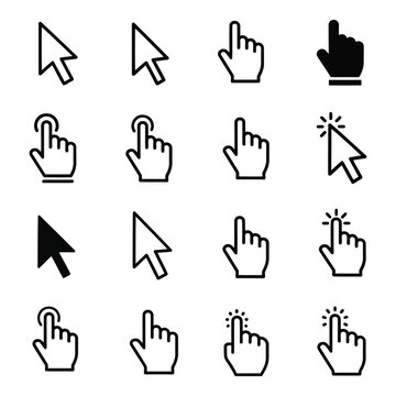 Black and white computer mouse cursor and hand icons, pointing finger symbols, isolated on white background