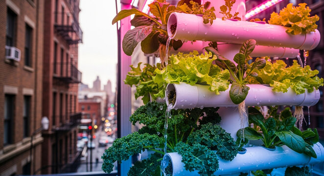 Colorful urban hydroponic garden in modern city street with dripping water in bright natural lighting for sustainable living