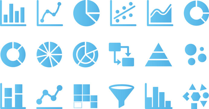Assortment of blue graphic icons displaying various chart types and data visualization tools for business analysis.