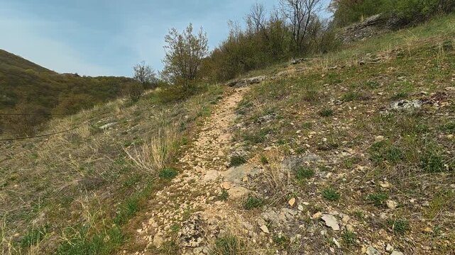 Grassy hillside with rocky path leads upward. Mount Ozren, Sokobanja, Serbia