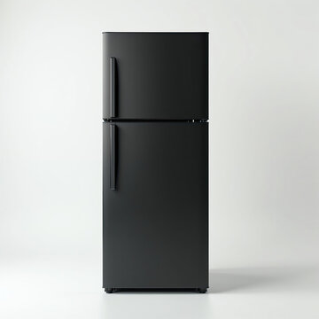 Matte black two-door refrigerator with top freezer on white studio background. Sleek minimalist appliance stands tall, offering clean domestic storage. Neutral mood, object isolated.