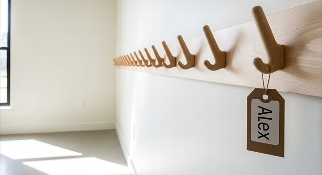 Row of empty wooden coat hooks on a white wall with a single 'Alex' name tag, minimalist hostel or school hallway