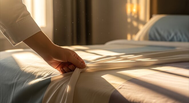 Hand tucking a crisp white sheet on a perfectly made bed during golden hour, evoking order and calm.