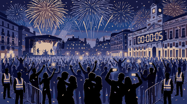 Silhouetted crowd celebrates with fireworks and countdown timer in urban square at nighttime with illuminated buildings