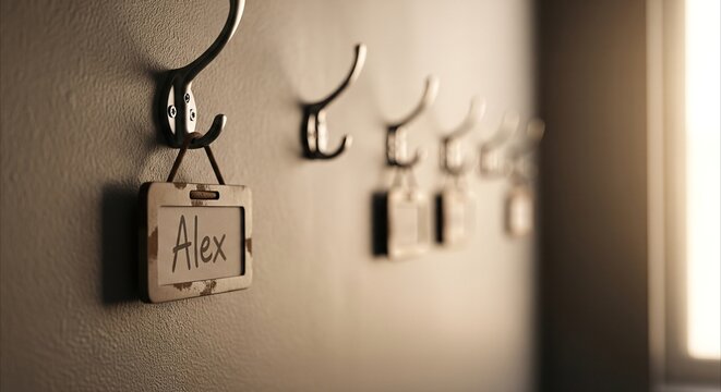 Minimalist hostel coat hooks with 'Alex' name tag, evoking authentic budget travel and intimate accommodation experiences