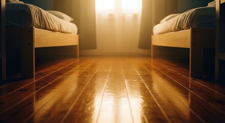 Fototapeta premium Golden Hour Sunlight Gleams on Polished Wooden Floor Between Twin Beds in Minimalist Bedroom
