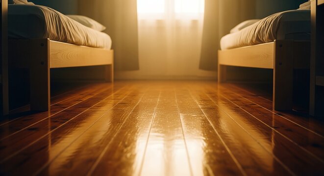 Golden Hour Sunlight Gleams on Polished Wooden Floor Between Twin Beds in Minimalist Bedroom