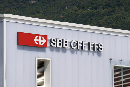 SBB CFF FFS (Schweizerische Bundesbahnen - National federal Railway) sign on office building in Melide, Switzerland