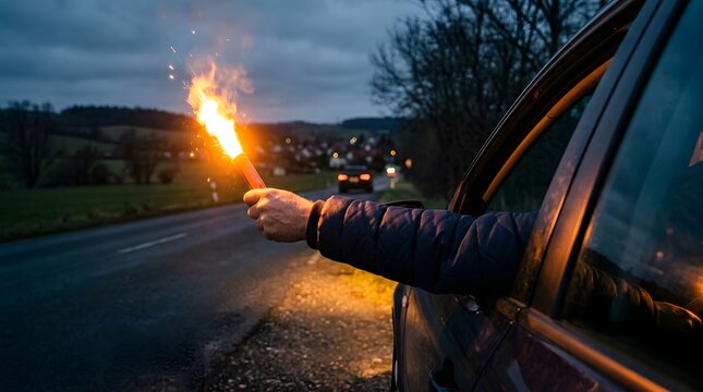 Person holding burning emergency flare out of car window on rural road at dusk signaling for help during roadside breakdown vehicle accident safety situation