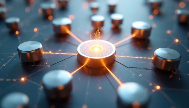 Digital network grid with connected nodes and glowing energy lines. Central hub pulses with bright light. Technology concept of data flow and communication.