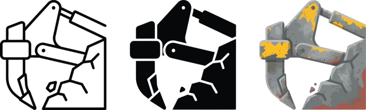 Excavator claw grabbing rocks construction and mining icons industrial machinery vector illustration