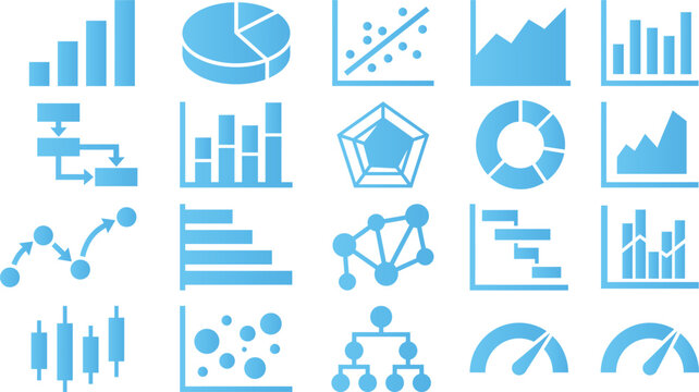 Collection of blue icons depicting various data visualization charts graphs and diagrams for analytics and business intelligence.