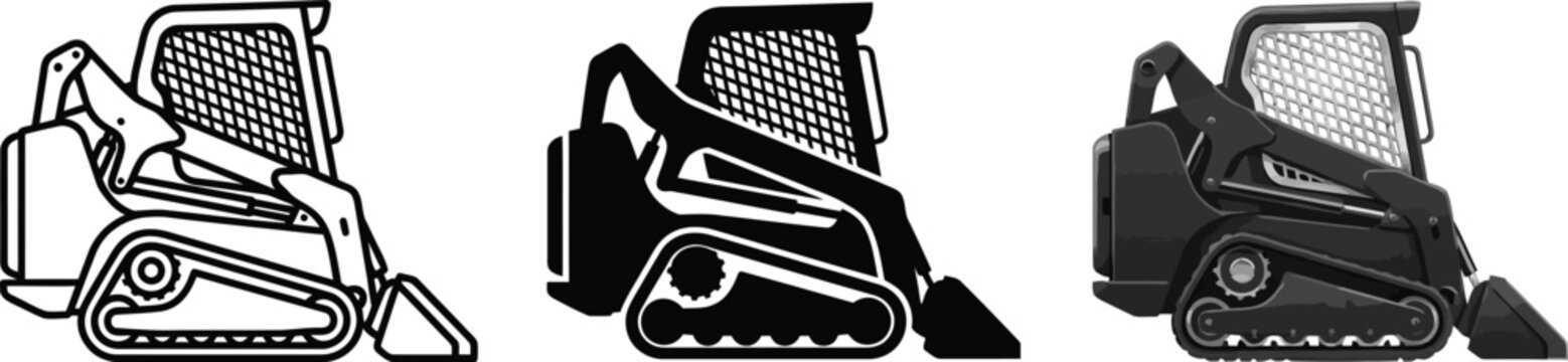 Set of skid steer loader icons flat vector illustrations for construction and industry isolated on white background