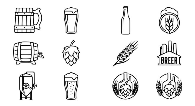 Minimal beer brewing line icon set with pint mug hops and barrel vector pub design symbols