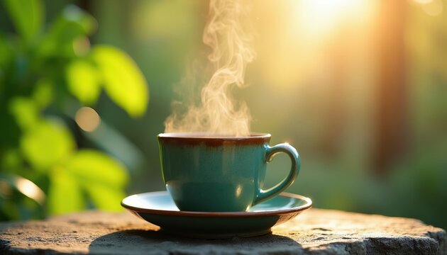 Steaming cup of hot coffee sits on stone surface. Gentle morning sun shines through green leaves. Warm beverage evokes cozy cafe mood and relaxation.