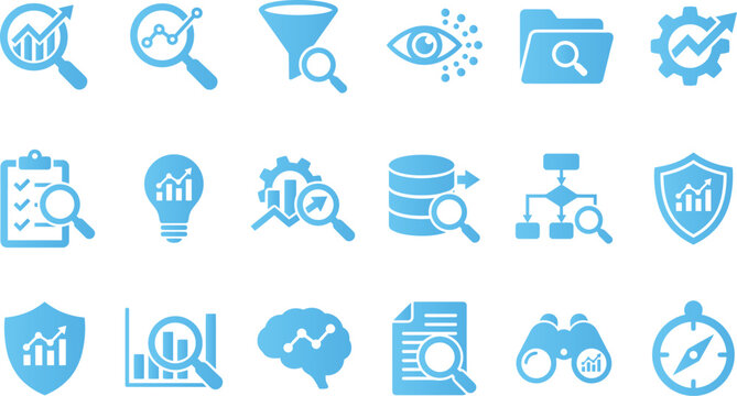 Blue analytics and data icons, including charts, graphs, search magnifying glasses, filters, and eye symbols for business intelligence.