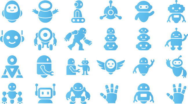Various blue robot icons, from friendly androids to industrial machines, representing AI, technology, automation, and future innovation.
