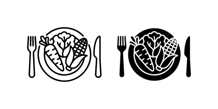 Healthy Vegetarian Meal Icons, Plate with Carrots, Corn, and Lettuce, Fork and Knife Set, Simple Line Art and Silhouette Graphics for Nutrition and Diet Concepts