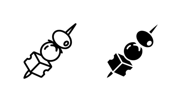 Tapas Skewers Vector Icons, Appetizer Food Picks, Olive Cheese Bites, Party Snack Symbols, Simple Outline and Solid Black Styles